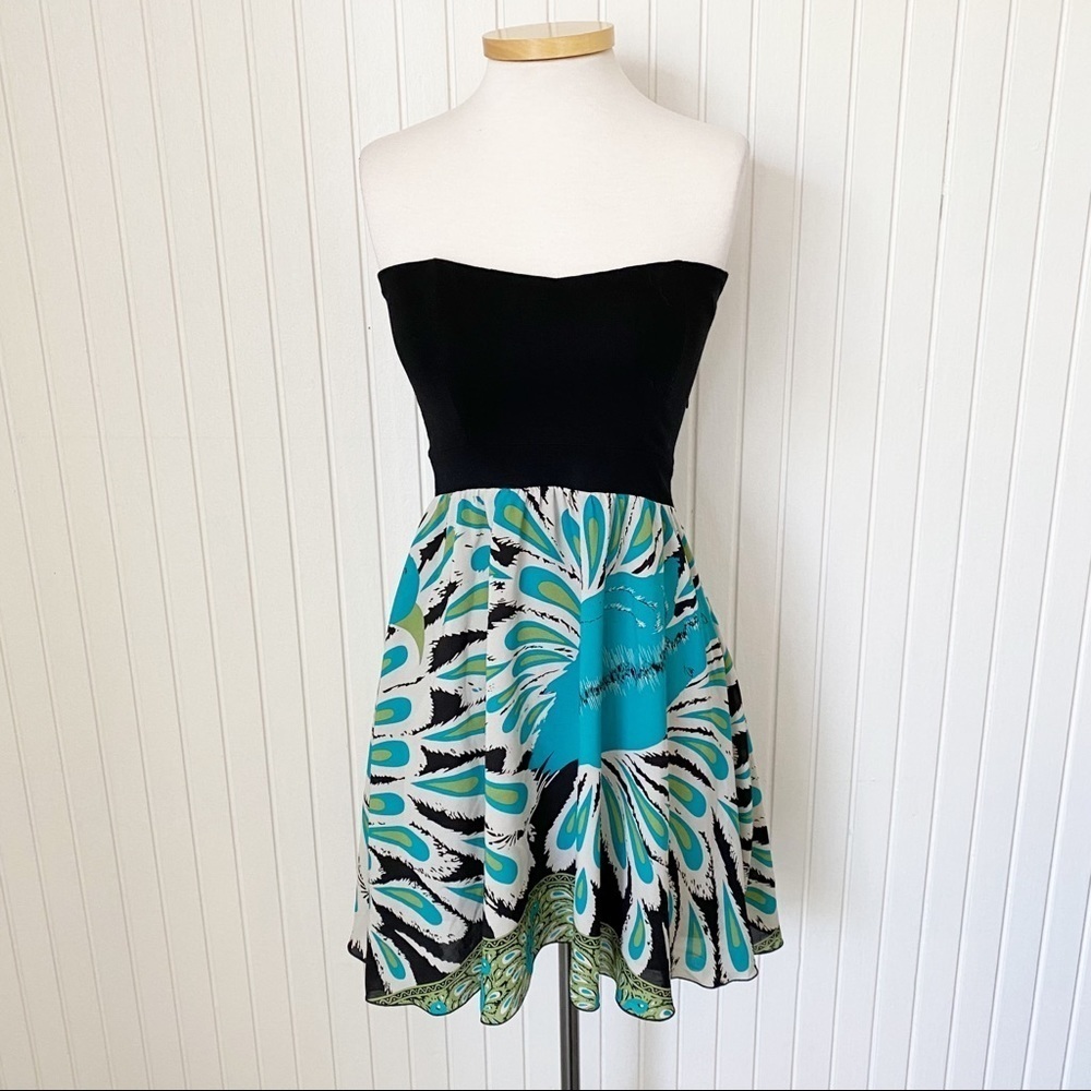 Tricia Fix Black Teal Peacock Strapless Sundress Size Small